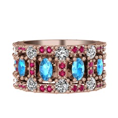 Akuamarin, beyaz zirkon ve rodolit garnet 18 ayar rose altın yüzük