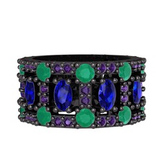 Zelie Tamtur Yüzük - Lab safir, kök zümrüt ve ametist 925 ayar siyah rodyum kaplama gümüş yüzük #1y5k207