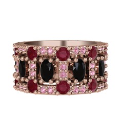 Siyah zirkon, kök yakut ve pembe kuvars 18 ayar rose altın yüzük