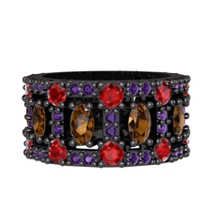 Zelie Tamtur Yüzük - Dumanlı kuvars, garnet ve ametist 925 ayar siyah rodyum kaplama gümüş yüzük #1yj800t