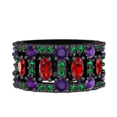 Zelie Tamtur Yüzük - Garnet, ametist ve yeşil kuvars 925 ayar siyah rodyum kaplama gümüş yüzük #20hev9