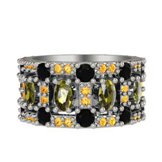 Peridot, siyah zirkon ve sitrin 18 ayar beyaz altın yüzük