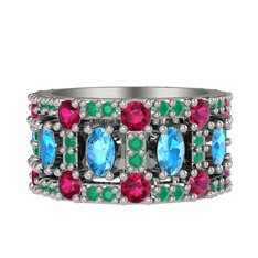 Zelie Tamtur Yüzük - Akuamarin, rodolit garnet ve kök zümrüt 14 ayar beyaz altın yüzük #2ebttt