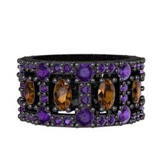 Zelie Tamtur Yüzük - Dumanlı kuvars ve ametist 925 ayar siyah rodyum kaplama gümüş yüzük #2ipl87