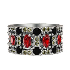 Garnet, siyah zirkon ve peridot 8 ayar beyaz altın yüzük