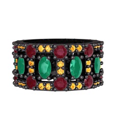 Zelie Tamtur Yüzük - Kök zümrüt, kök yakut ve sitrin 925 ayar siyah rodyum kaplama gümüş yüzük #401jt