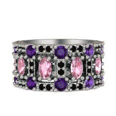 Zelie Tamtur Yüzük - Pembe kuvars, ametist ve siyah zirkon 14 ayar beyaz altın yüzük #58ad32