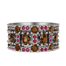 Zelie Tamtur Yüzük - Dumanlı kuvars ve rodolit garnet 14 ayar beyaz altın yüzük #5orvq3