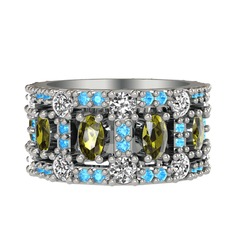 Peridot, beyaz zirkon ve akuamarin 925 ayar gümüş yüzük