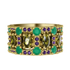 Peridot, kök zümrüt ve ametist 8 ayar altın yüzük