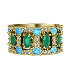 Zelie Tamtur Yüzük - Kök zümrüt, akuamarin ve swarovski 18 ayar altın yüzük #6gh6oz