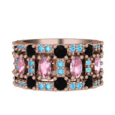 Pembe kuvars, siyah zirkon ve akuamarin 8 ayar rose altın yüzük
