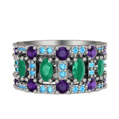 Kök zümrüt, ametist ve akuamarin 925 ayar gümüş yüzük