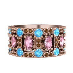 Zelie Tamtur Yüzük - Pembe kuvars, akuamarin ve dumanlı kuvars 14 ayar rose altın yüzük #7flir3