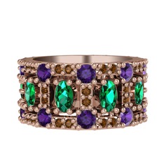 Zelie Tamtur Yüzük - Yeşil kuvars, ametist ve dumanlı kuvars 8 ayar rose altın yüzük #7rkfx3