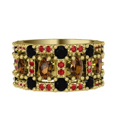 Zelie Tamtur Yüzük - Dumanlı kuvars, siyah zirkon ve garnet 14 ayar altın yüzük #824qod