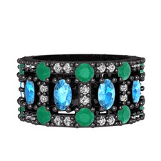 Zelie Tamtur Yüzük - Akuamarin, kök zümrüt ve pırlanta 925 ayar siyah rodyum kaplama gümüş yüzük (0.66 karat) #85dsya