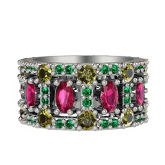 Rodolit garnet, peridot ve yeşil kuvars 14 ayar beyaz altın yüzük