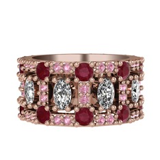 Swarovski, kök yakut ve pembe kuvars 18 ayar rose altın yüzük