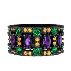 Zelie Tamtur Yüzük - Ametist, yeşil kuvars ve sitrin 925 ayar siyah rodyum kaplama gümüş yüzük #8jicmx