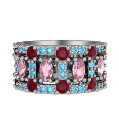 Pembe kuvars, kök yakut ve akuamarin 8 ayar beyaz altın yüzük