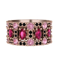 Rodolit garnet, pembe kuvars ve siyah zirkon 8 ayar rose altın yüzük