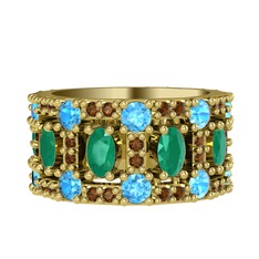 Zelie Tamtur Yüzük - Kök zümrüt, akuamarin ve dumanlı kuvars 925 ayar altın kaplama gümüş yüzük #8mx257