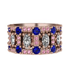Swarovski, lab safir ve pembe kuvars 18 ayar rose altın yüzük