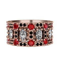 Beyaz zirkon, garnet ve siyah zirkon 925 ayar rose altın kaplama gümüş yüzük