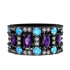 Zelie Tamtur Yüzük - Ametist, akuamarin ve pırlanta 925 ayar siyah rodyum kaplama gümüş yüzük (0.66 karat) #9diwnq