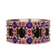 Siyah zirkon, ametist ve rodolit garnet 8 ayar rose altın yüzük