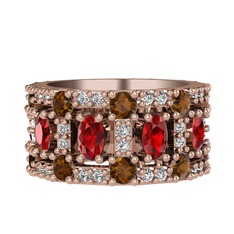 Garnet, dumanlı kuvars ve beyaz zirkon 18 ayar rose altın yüzük