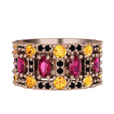 Rodolit garnet, sitrin ve siyah zirkon 925 ayar rose altın kaplama gümüş yüzük