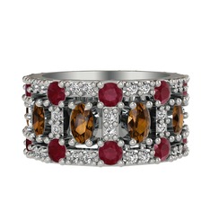 Zelie Tamtur Yüzük - Dumanlı kuvars, kök yakut ve swarovski 18 ayar beyaz altın yüzük #axt5r