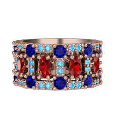 Garnet, lab safir ve akuamarin 14 ayar rose altın yüzük