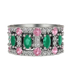 Zelie Tamtur Yüzük - Kök zümrüt, pembe kuvars ve swarovski 8 ayar beyaz altın yüzük #b6ao4o