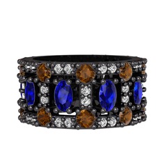 Lab safir, dumanlı kuvars ve swarovski 925 ayar siyah rodyum kaplama gümüş yüzük