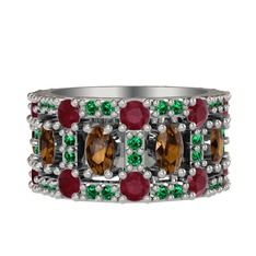 Zelie Tamtur Yüzük - Dumanlı kuvars, kök yakut ve yeşil kuvars 14 ayar beyaz altın yüzük #bf3y2s