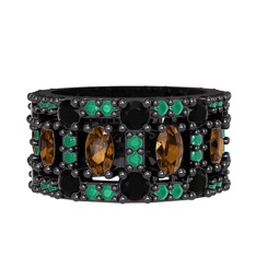 Zelie Tamtur Yüzük - Dumanlı kuvars, siyah zirkon ve kök zümrüt 925 ayar siyah rodyum kaplama gümüş yüzük #c5iij5