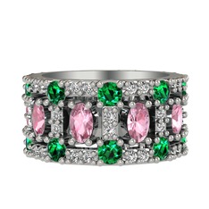 Zelie Tamtur Yüzük - Pembe kuvars, yeşil kuvars ve swarovski 18 ayar beyaz altın yüzük #cfpmvj