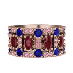 Kök yakut, lab safir ve pembe kuvars 18 ayar rose altın yüzük