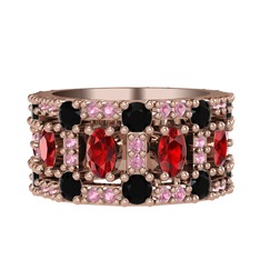 Garnet, siyah zirkon ve pembe kuvars 925 ayar rose altın kaplama gümüş yüzük