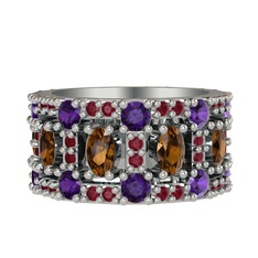 Zelie Tamtur Yüzük - Dumanlı kuvars, ametist ve kök yakut 8 ayar beyaz altın yüzük #d2lndr