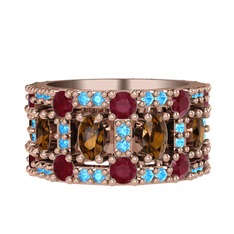 Dumanlı kuvars, kök yakut ve akuamarin 14 ayar rose altın yüzük