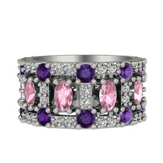Zelie Tamtur Yüzük - Pembe kuvars, ametist ve beyaz zirkon 14 ayar beyaz altın yüzük #dcu2j0