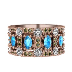 Akuamarin, beyaz zirkon ve peridot 14 ayar rose altın yüzük
