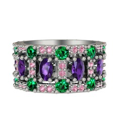 Zelie Tamtur Yüzük - Ametist, yeşil kuvars ve pembe kuvars 8 ayar beyaz altın yüzük #dmis42