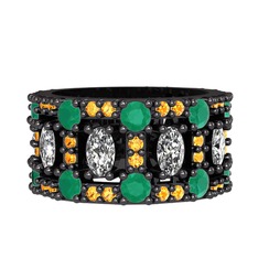 Zelie Tamtur Yüzük - Beyaz zirkon, kök zümrüt ve sitrin 925 ayar siyah rodyum kaplama gümüş yüzük #dt9a9v