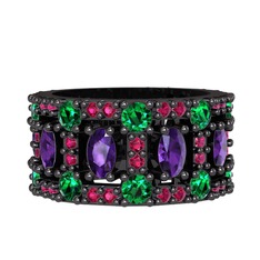 Zelie Tamtur Yüzük - Ametist, yeşil kuvars ve rodolit garnet 925 ayar siyah rodyum kaplama gümüş yüzük #dzgarv