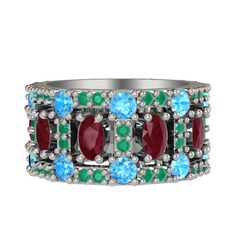 Zelie Tamtur Yüzük - Kök yakut, akuamarin ve kök zümrüt 8 ayar beyaz altın yüzük #e3mjsb